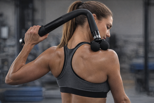 Athlete using FlexReach Pro Percussion Massage Gun