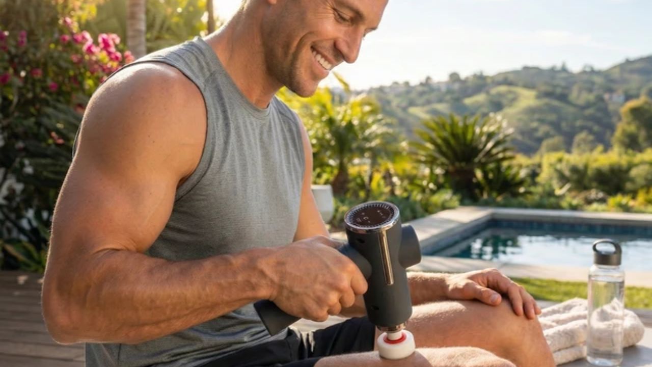 Man using a luxury heated massage gun for leg pain.