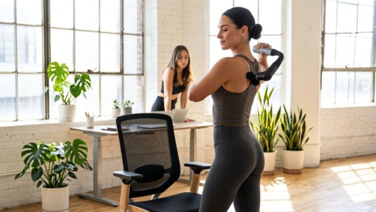 Woman using a FlexReach Pro Percussion Massage Gun for back pain.&nbsp;