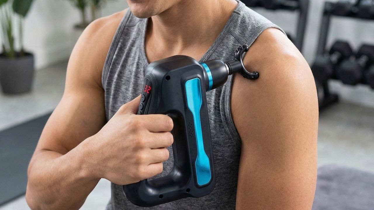 Man using a massage gun for back pain. 