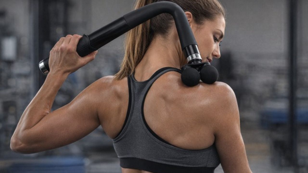 Woman using a FlexReach Pro Percussion Massage Gun.