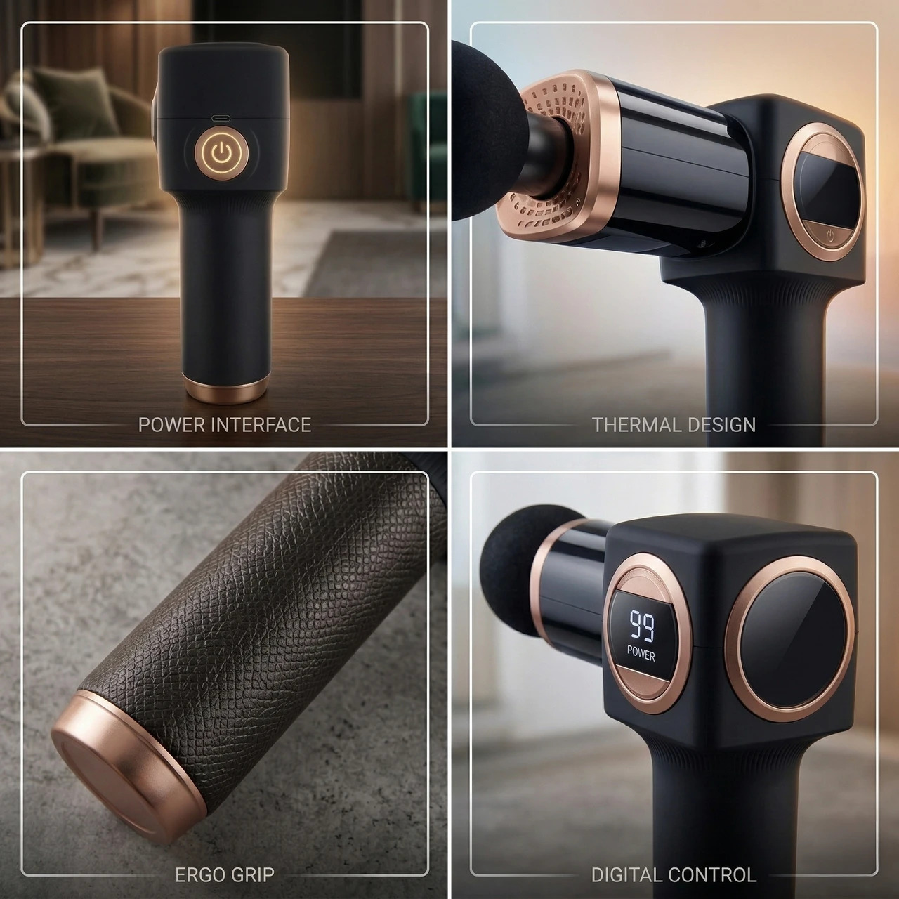 Features of a precision deep tissue massage gun.